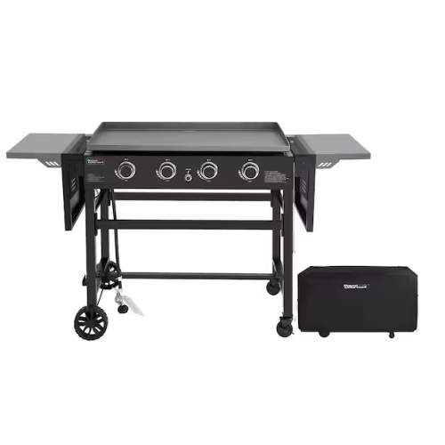 A large, black 4-burner gas griddle with foldable side shelves and wheels, accompanied by a protective cover.