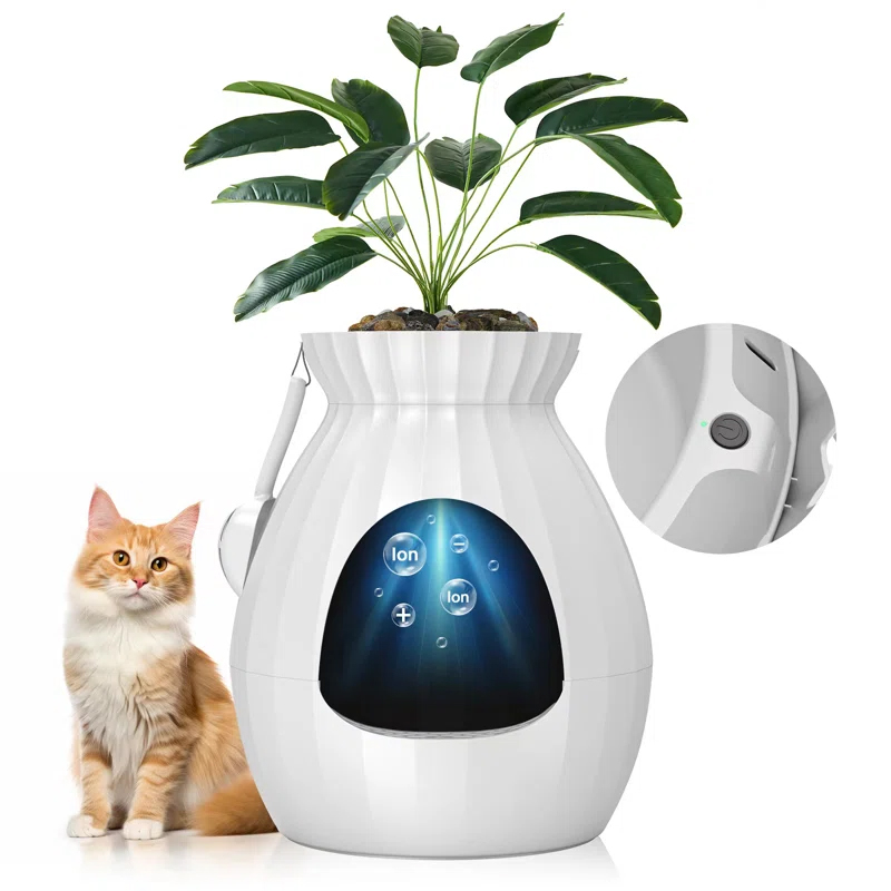 A white air purifier with integrated planter, featuring ion symbols on the display, and a power button, next to a ginger cat.