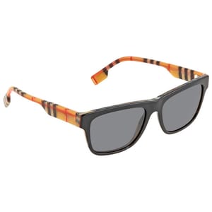 Burberry Men's Square Sunglasses feature a black frame with distinct orange and black striped temples, offering a stylish, modern design.