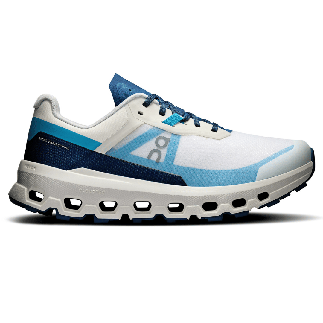 A white and blue running shoe featuring \“Swiss Engineering\“ and \“CloudTec\“ technology, designed for comfort and performance.