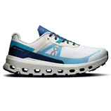A white and blue running shoe featuring \“Swiss Engineering\“ and \“CloudTec\“ technology, designed for comfort and performance.