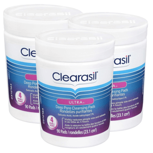 Clearasil Ultra Deep Pore Cleansing Pads contain 2% salicylic acid to reduce pimple size and redness in as little as 4 hours. Each container has 90 pads.