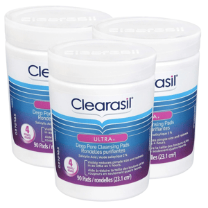 Clearasil Ultra Deep Pore Cleansing Pads contain 2% salicylic acid to reduce pimple size and redness in as little as 4 hours. Each container has 90 pads.