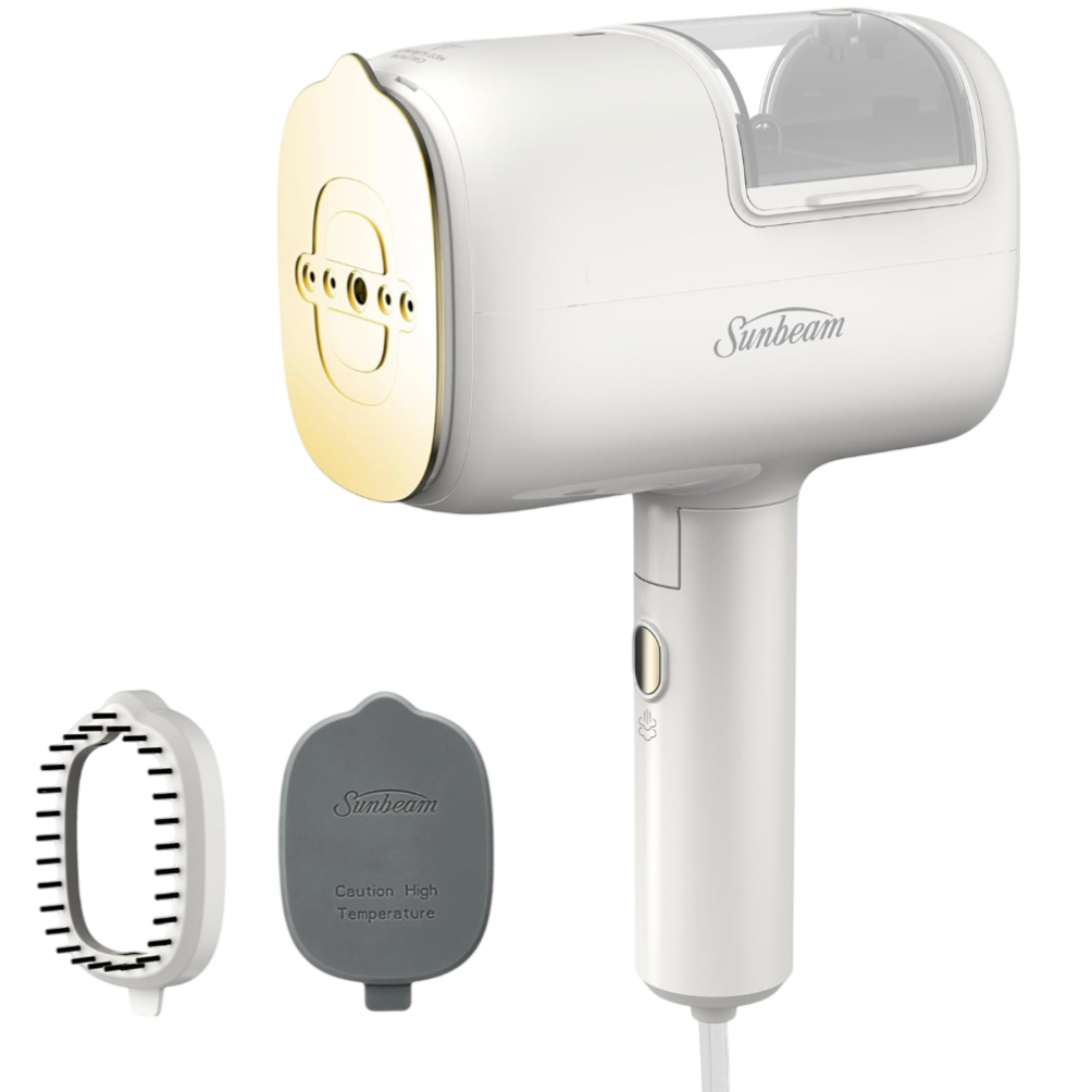 A Sunbeam handheld garment steamer with two attachments: a bristle brush and a heat protection panel.