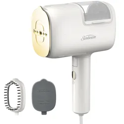 A Sunbeam handheld garment steamer with two attachments: a bristle brush and a heat protection panel.