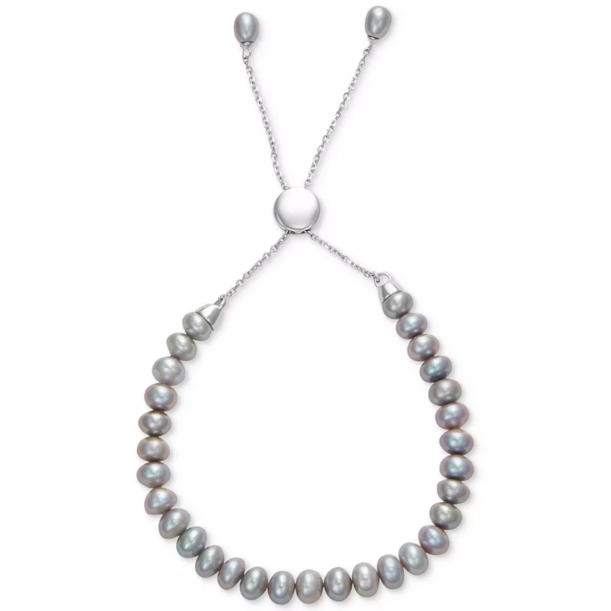 A sliding bracelet with a chain and adjustable clasp features gray freshwater pearls.