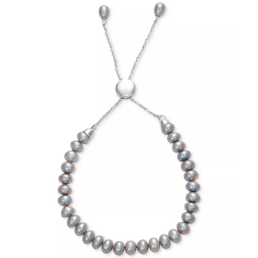A sliding bracelet with a chain and adjustable clasp features gray freshwater pearls.