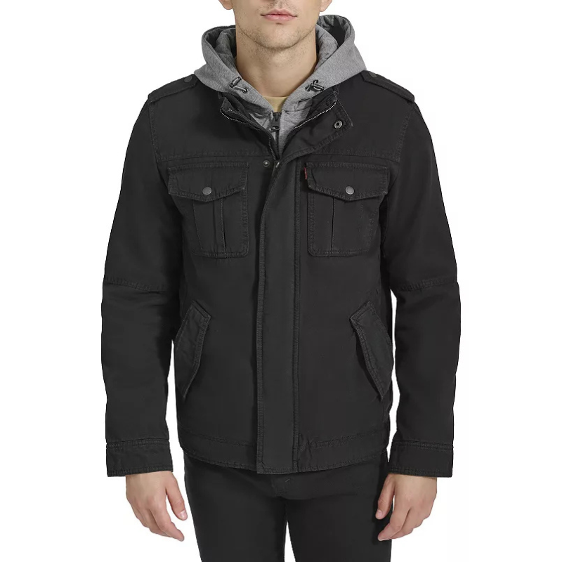 A black Levi's Trucker Jacket featuring a zip-up front, buttoned chest pockets, flap side pockets, and an attached gray hood, creating a layered look.