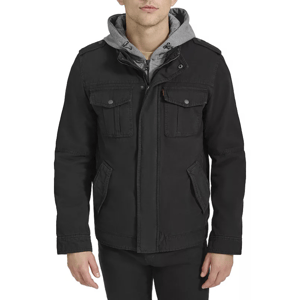 A black Levi's Trucker Jacket featuring a zip-up front, buttoned chest pockets, flap side pockets, and an attached gray hood, creating a layered look.