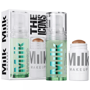 MILK MAKEUP The Icons set includes a Hydro Grip Primer in a clear bottle with green accents, and a cream bronzer in a white stick packaging.