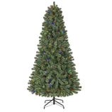 Artificial Christmas tree with multicolored lights and a metal stand.
