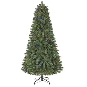Artificial Christmas tree with multicolored lights and a metal stand.