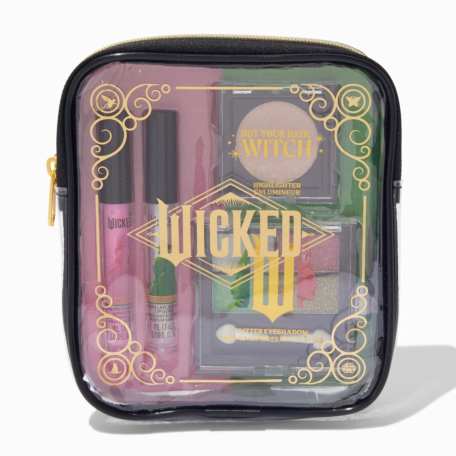 5pc Wicked Makeup Set includes a highlighter, two lip glosses, and two glitter eyeshadows in vibrant shades, packaged in a clear pouch adorned with decorative gold designs and the word \“Wicked.\“