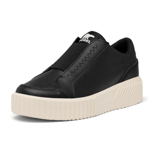 Black slip-on sneaker with a smooth leather upper, stretchy elastic band on top, and a thick white textured platform sole. Features the brand logo on the tongue.