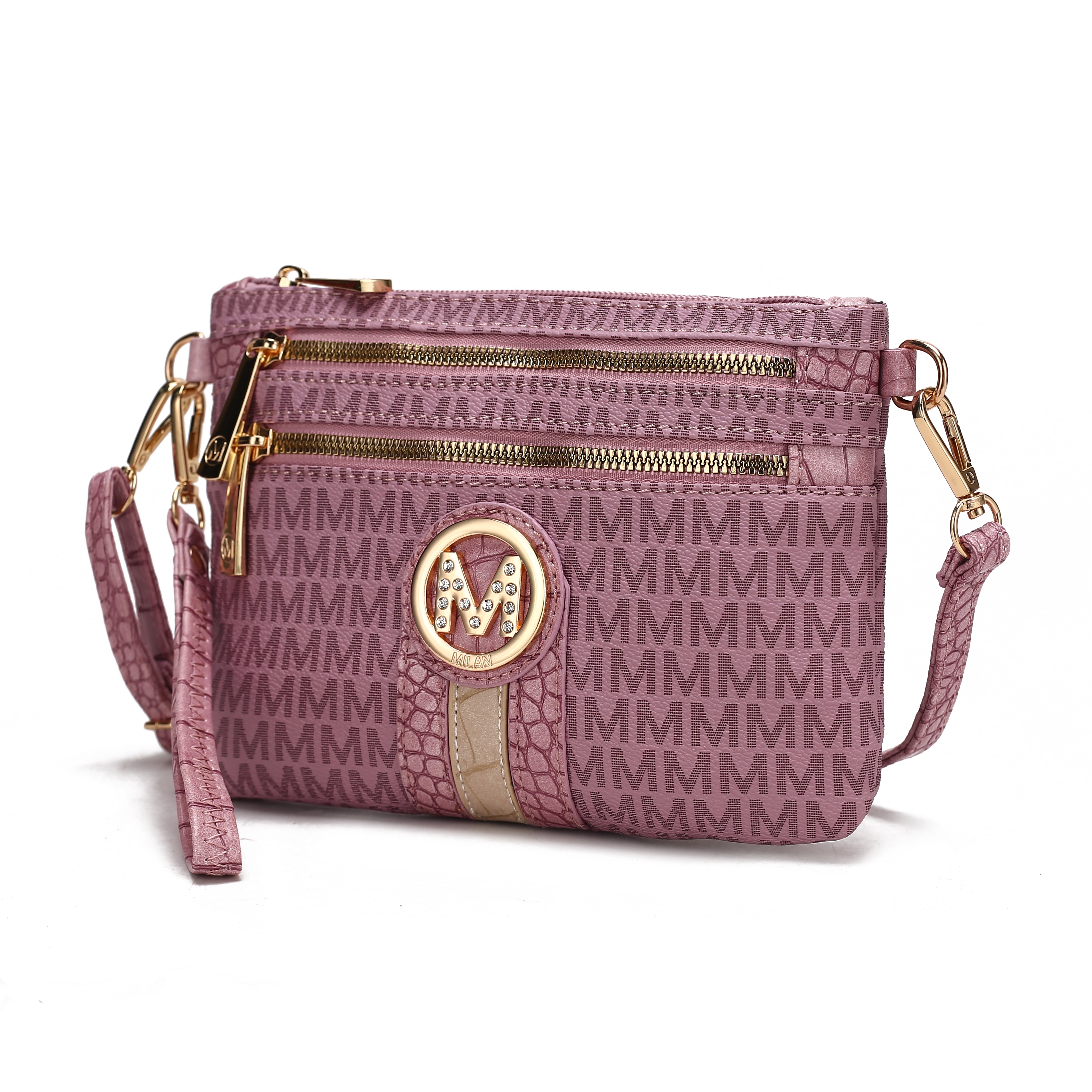 A pink crossbody bag with an \“M\“ logo, gold zippers, and a removable strap, featuring a repeated \“M\“ pattern.