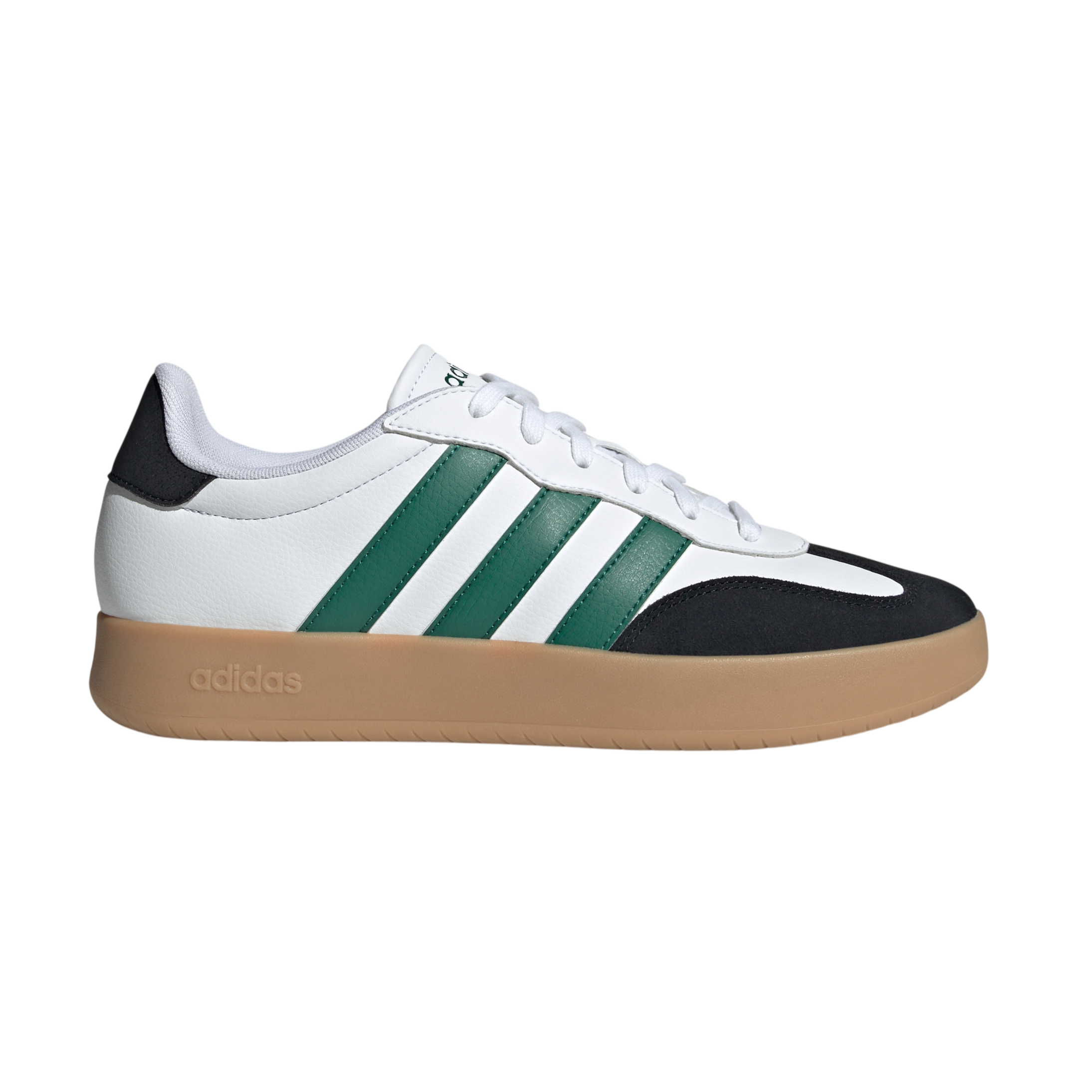 Adidas sneakers featuring a white upper with green stripes, black accents, and a gum sole.