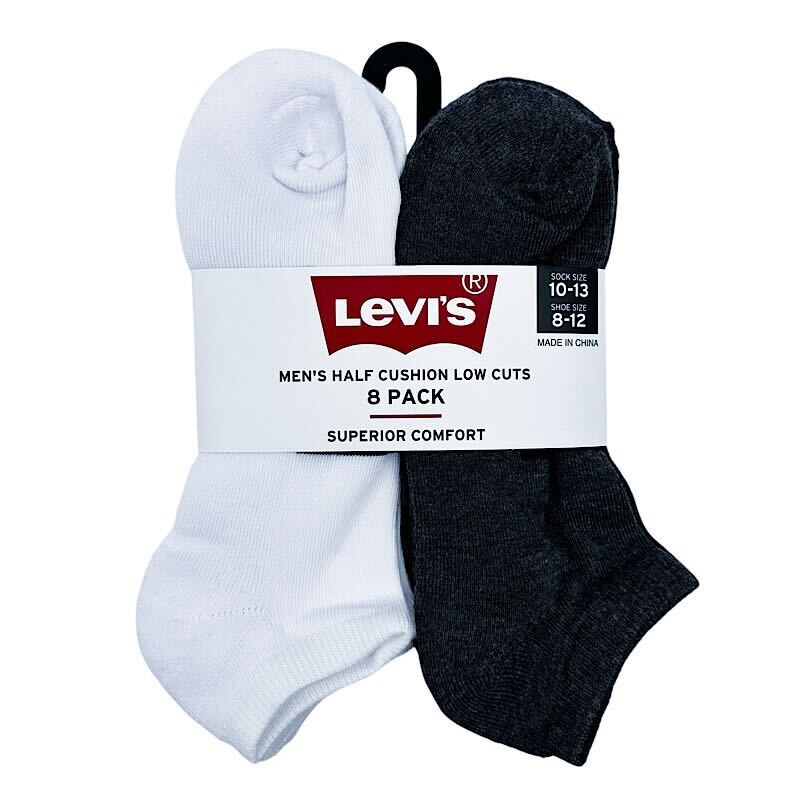 Levi's Men's Half Cushion Low Cuts, 8-pack of socks in white and dark gray, offer sizes 10-13 for sock size and 8-12 for shoe size, designed for superior comfort. Made in China.