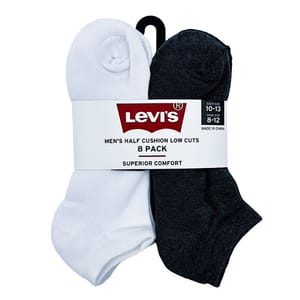 Levi's Men's Half Cushion Low Cuts, 8-pack of socks in white and dark gray, offer sizes 10-13 for sock size and 8-12 for shoe size, designed for superior comfort. Made in China.