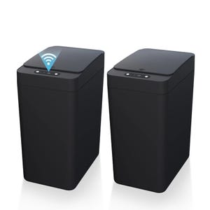 Two black touchless bathroom trash bins with sensor-activated lids for hands-free operation. They feature a sleek rectangular design.
