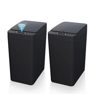 Two black touchless bathroom trash bins with sensor-activated lids for hands-free operation. They feature a sleek rectangular design.