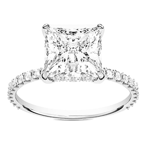 A diamond ring featuring a large square-cut center stone set on a band adorned with smaller diamonds.