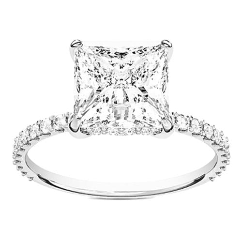 A diamond ring featuring a large square-cut center stone set on a band adorned with smaller diamonds.