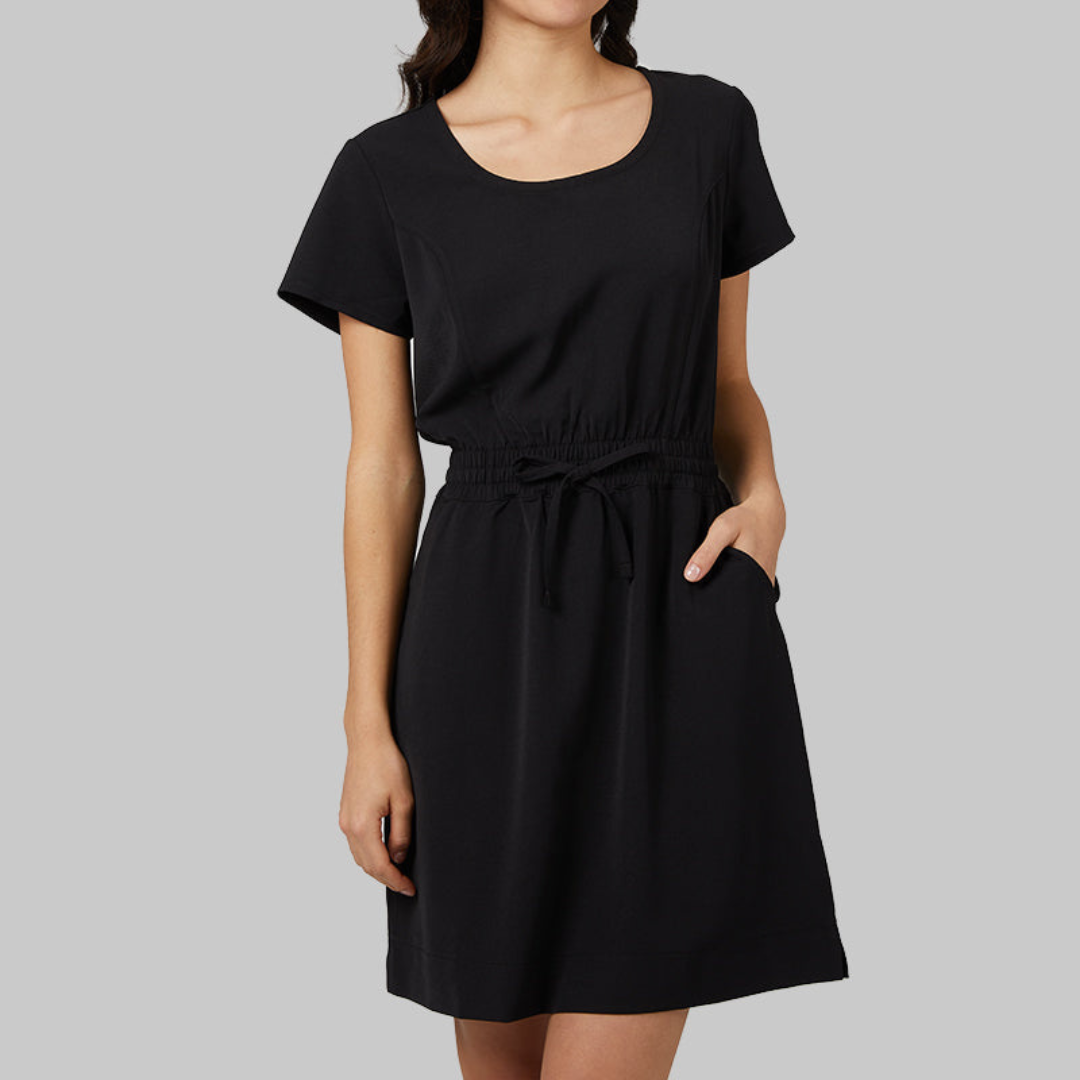 A black, short-sleeved dress with an elastic waistband and a tie belt.
