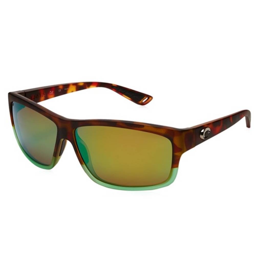 Costa Rectangular Sunglasses feature a tortoise shell frame with polarized green-tinted lenses. The design includes a subtle logo on the arms, providing both style and UV protection.