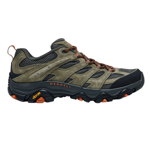 Merrell hiking shoe with Vibram sole, featuring a green and black color scheme, mesh and leather upper, and orange accents.
