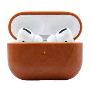 Brown faux-leather case for AirPods Pro with a front LED indicator, designed to protect the charging case while adding a stylish look.
