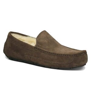 UGG Men's Slippers are brown suede moccasin-style loafers with a cozy, faux fleece lining and a sturdy sole.