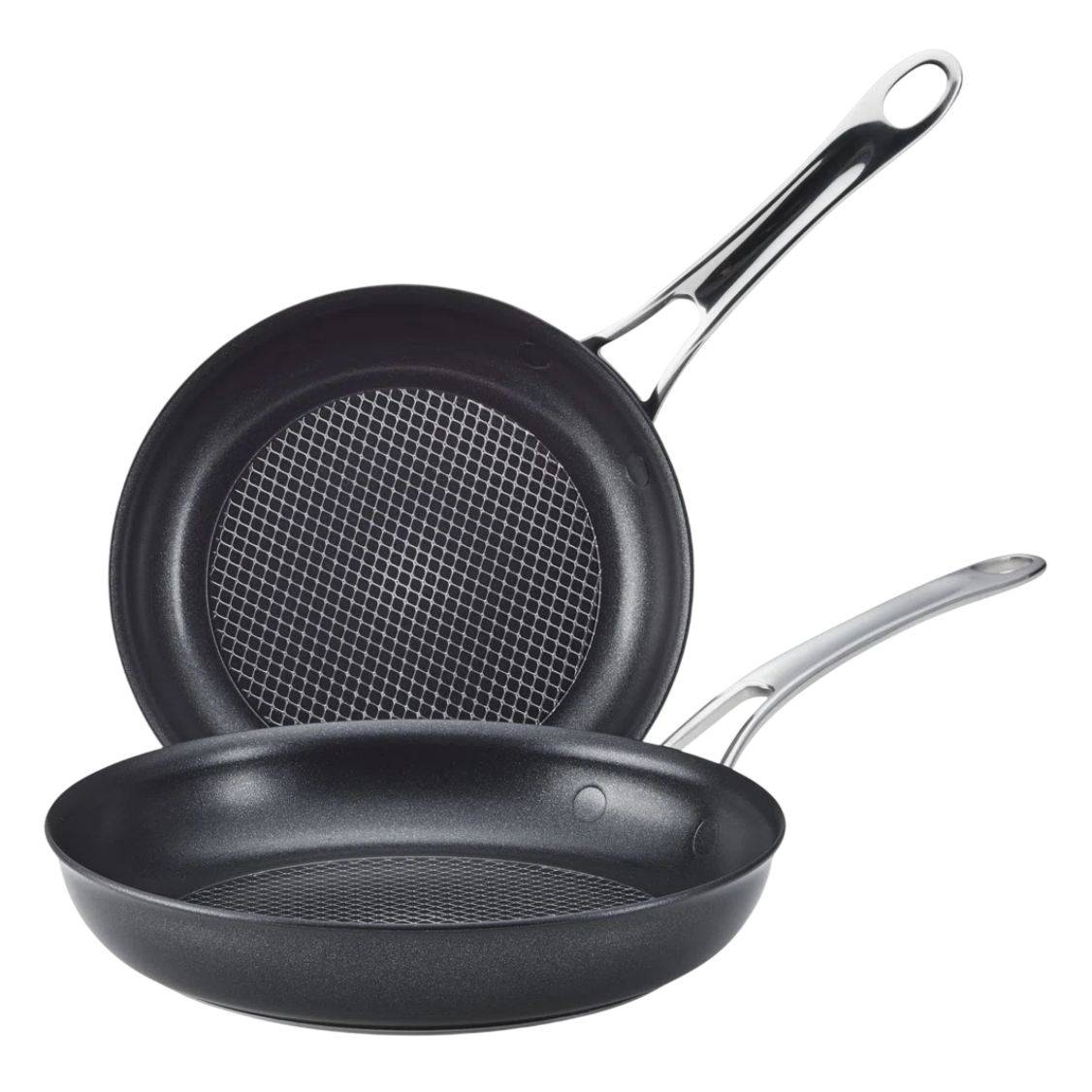 Two frying pans with nonstick interiors and stainless steel handles, featuring a grid pattern on the cooking surface.