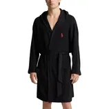 A black waffle-knit bathrobe with a hood and a red embroidered logo on the chest, featuring front pockets and a waist belt.