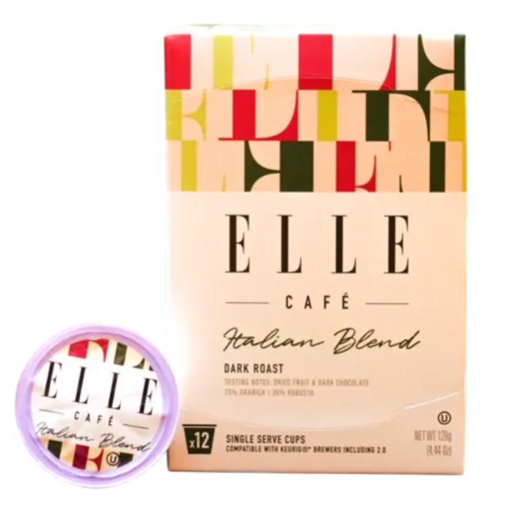 ELLE Café Italian Blend dark roast coffee, featuring tasting notes of dried fruit and dark chocolate, comes in single-serve cups compatible with Keurig brewers. Contains 12 cups with a blend of 70% Arabica and 30% Robusta.