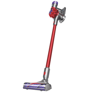 A cordless stick vacuum cleaner with a red and silver design, featuring a slim wand and motorized brush head.