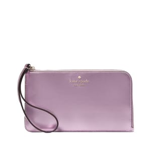 A lavender Kate Spade Lucy Medium Wristlet with a zipper closure and wrist strap, featuring the brand's logo in gold lettering on the front.
