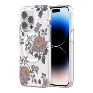 Clear floral phone case on a smartphone with triple cameras.