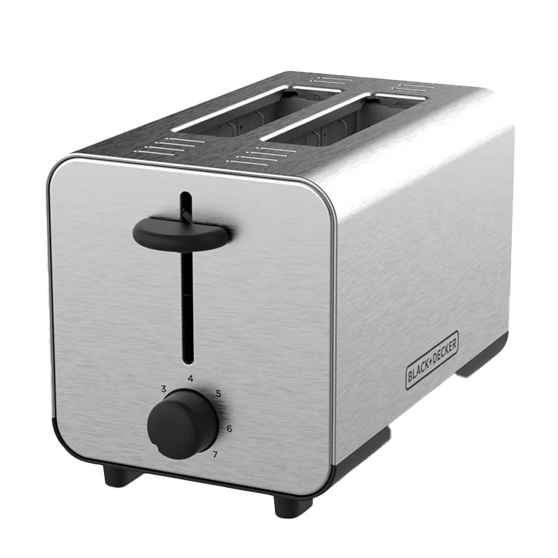 A stainless steel Black & Decker toaster with two slots, featuring a rotary browning control knob marked with numbers 1 through 7 on its side.