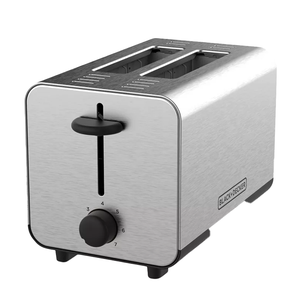 A stainless steel Black & Decker toaster with two slots, featuring a rotary browning control knob marked with numbers 1 through 7 on its side.