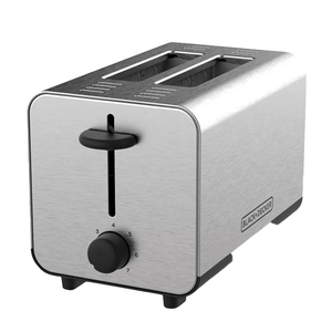 A stainless steel Black & Decker toaster with two slots, featuring a rotary browning control knob marked with numbers 1 through 7 on its side.