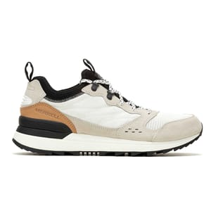 Merrell sneaker with a mixed-material design, featuring a white and tan upper, black accents, and a durable sole.