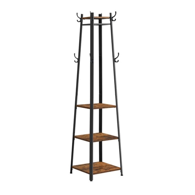 A tall, triangular coat rack with a black metal frame, featuring three brown wooden shelves and multiple hooks at varying heights for hanging items.