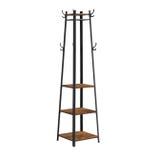 A tall, triangular coat rack with a black metal frame, featuring three brown wooden shelves and multiple hooks at varying heights for hanging items.
