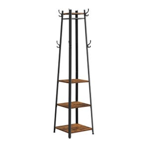 A tall, triangular coat rack with a black metal frame, featuring three brown wooden shelves and multiple hooks at varying heights for hanging items.
