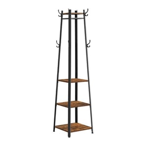 A tall, triangular coat rack with a black metal frame, featuring three brown wooden shelves and multiple hooks at varying heights for hanging items.