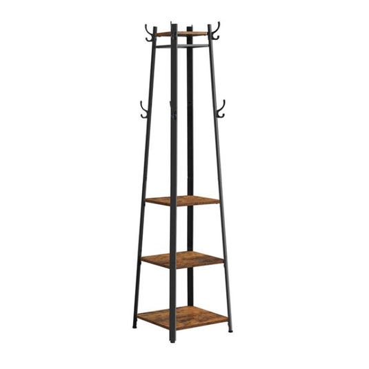 A tall, triangular coat rack with a black metal frame, featuring three brown wooden shelves and multiple hooks at varying heights for hanging items.