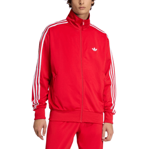 A red Adidas track jacket with white stripes along the sleeves and the Adidas Trefoil logo on the chest, paired with matching pants.
