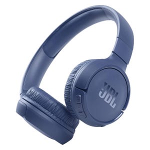 JBL on-ear wireless headphones in blue with volume controls on the earcup and Amazon Music logo, suggesting they may be bundled with the service or compatible with it for streaming music.