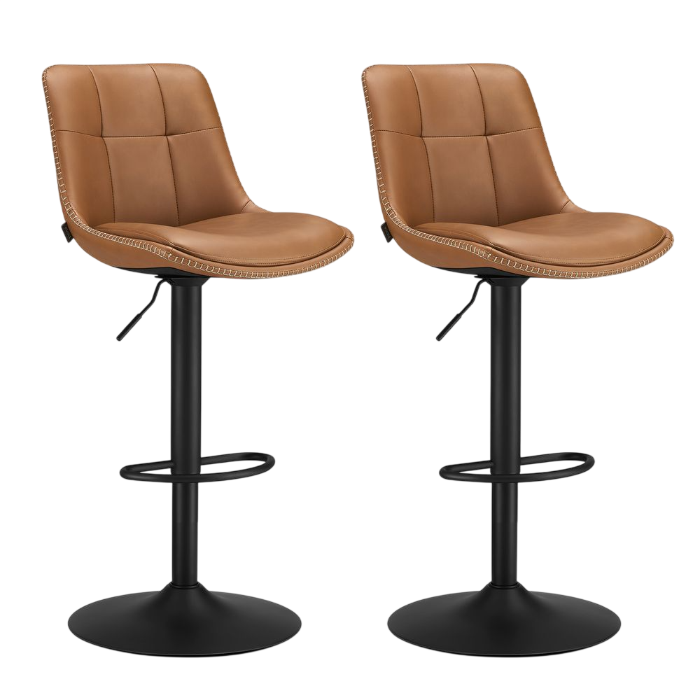 A pair of brown leather adjustable bar stools with black bases, featuring quilted upholstery and footrests.