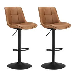 A pair of brown leather adjustable bar stools with black bases, featuring quilted upholstery and footrests.